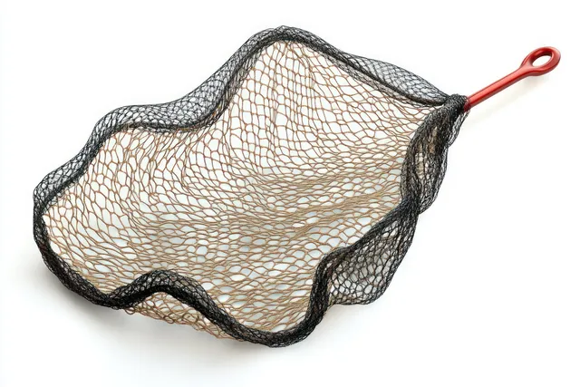 Open fishing net with black and beige mesh and a red loop handle on a white background.