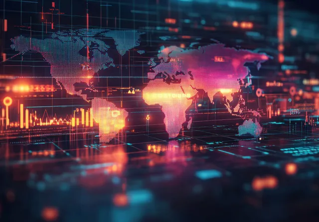 Neon world map with glowing financial charts and cyberpunk data overlays