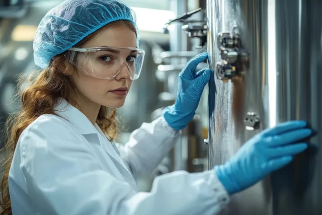 A female scientist in protective eyewear and gloves adjusts stainless steel equipment in a lab, working at a control panel.