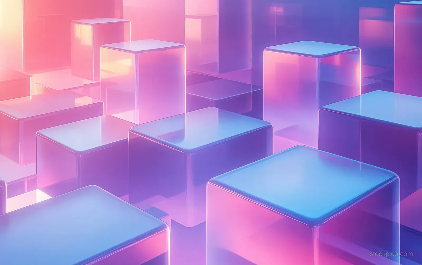 Translucent pastel cubes float in a futuristic grid, glowing with soft pink and blue light.