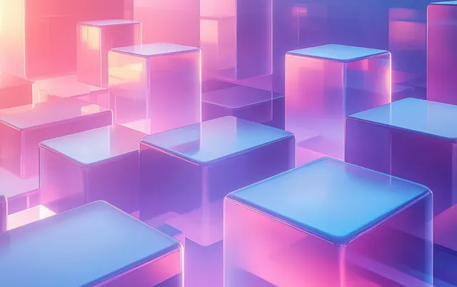 Translucent pastel cubes glow in futuristic abstract grid with soft pink and blue light