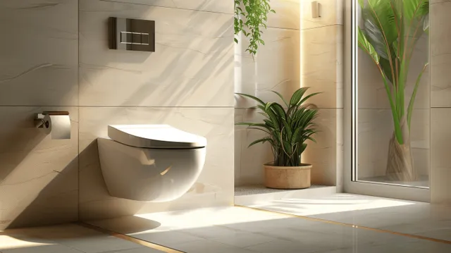 Wall hung smart toilet with integrated air purifier and touch control in a beige tiled bathroom with potted plants and sunlight.
