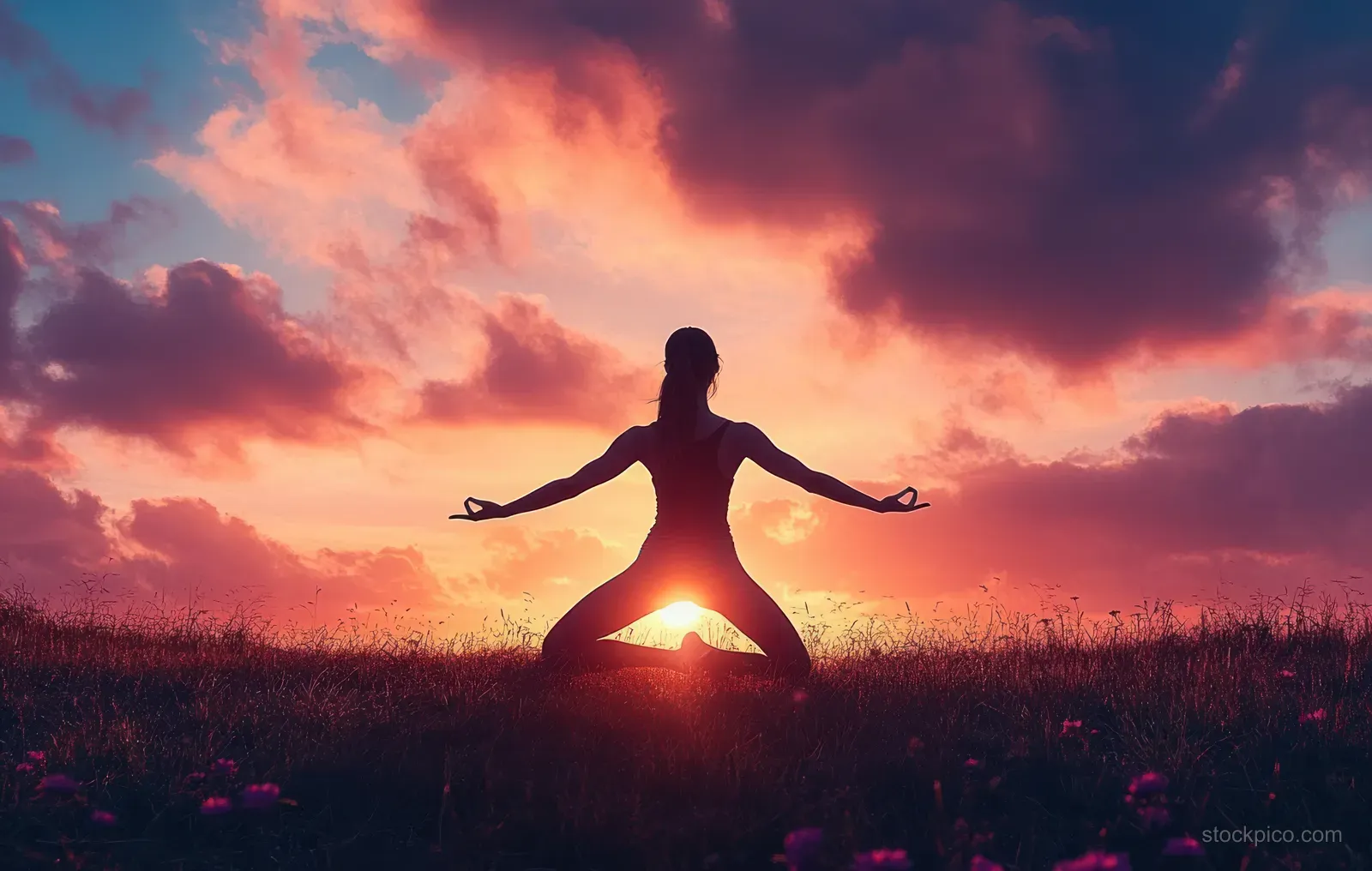 A woman balances in a yoga pose in a field, silhouetted against a glowing sunset horizon.