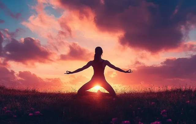 Woman practices yoga at sunset, balancing in a serene silhouette across an open field