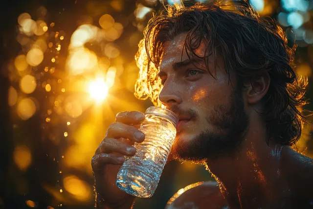 Senior runner drinking water from a bottle at sunset outdoors in summer nature
