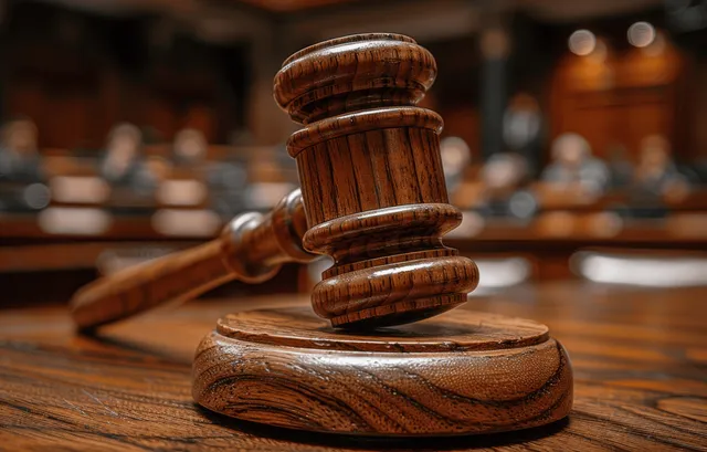 Wooden gavel resting on courtroom table with blurred courthouse benches behind