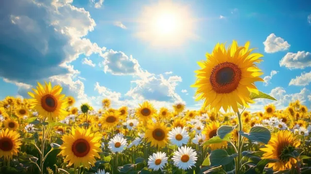 Sunflowers and white daisies sway in a bright field under a blue sky with scattered clouds.