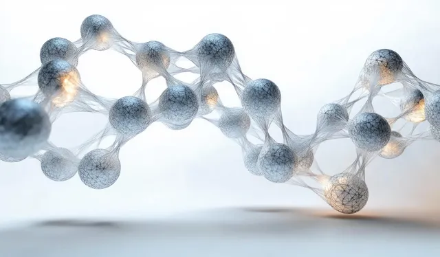 3D DNA-like molecular chain of glass spheres with glowing connections in soft light