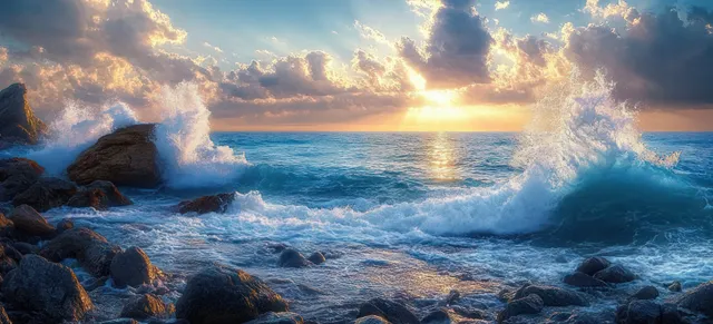 Sunrise ocean waves crash on rugged rocks, sun rays cutting through clouds.