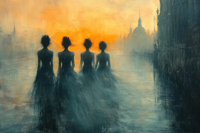 Four women in dark dresses stand on a misty waterfront, gazing toward calm water and a glowing distant skyline.