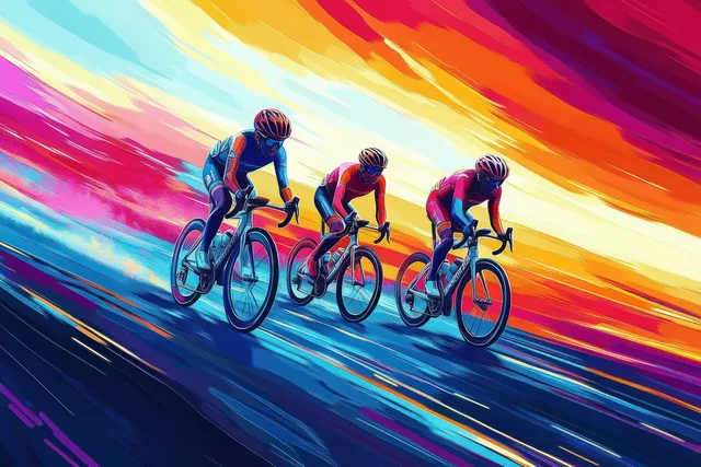 Three cyclists sprint downhill at sunset, streaked motion trails in vibrant rainbow colors