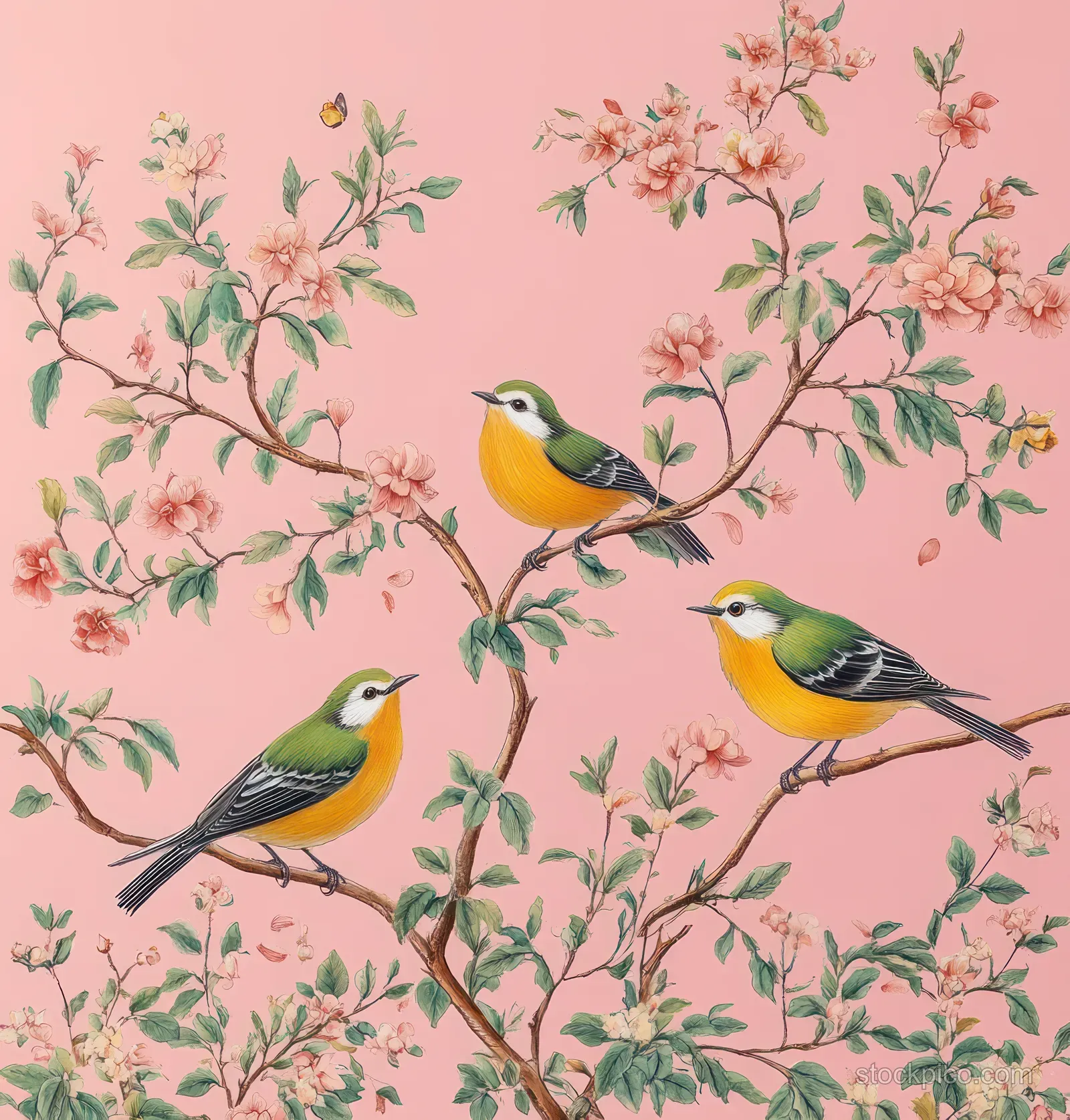 Three yellow birds perch among peony branches on a soft pink floral background.