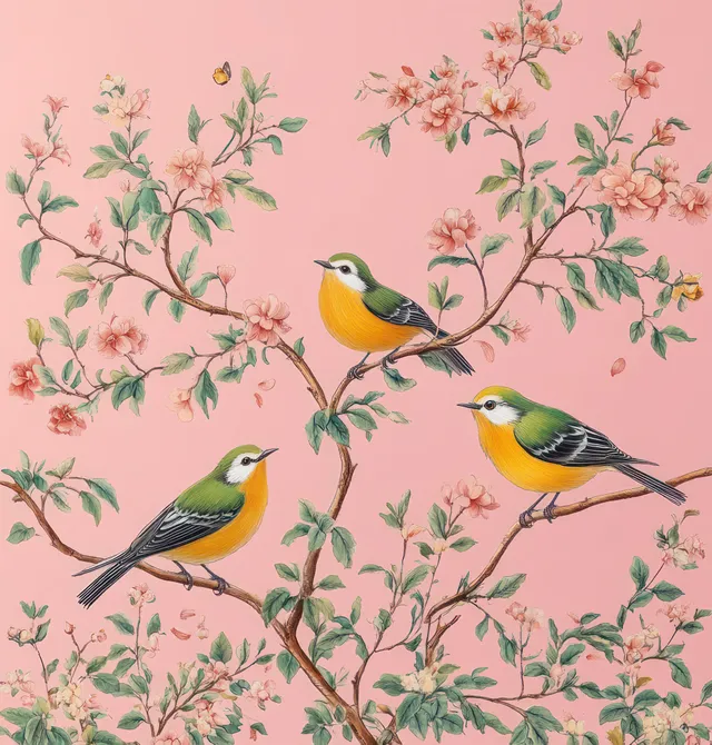 Birds Perched on Peony Branches in Soft Pink Floral Pattern