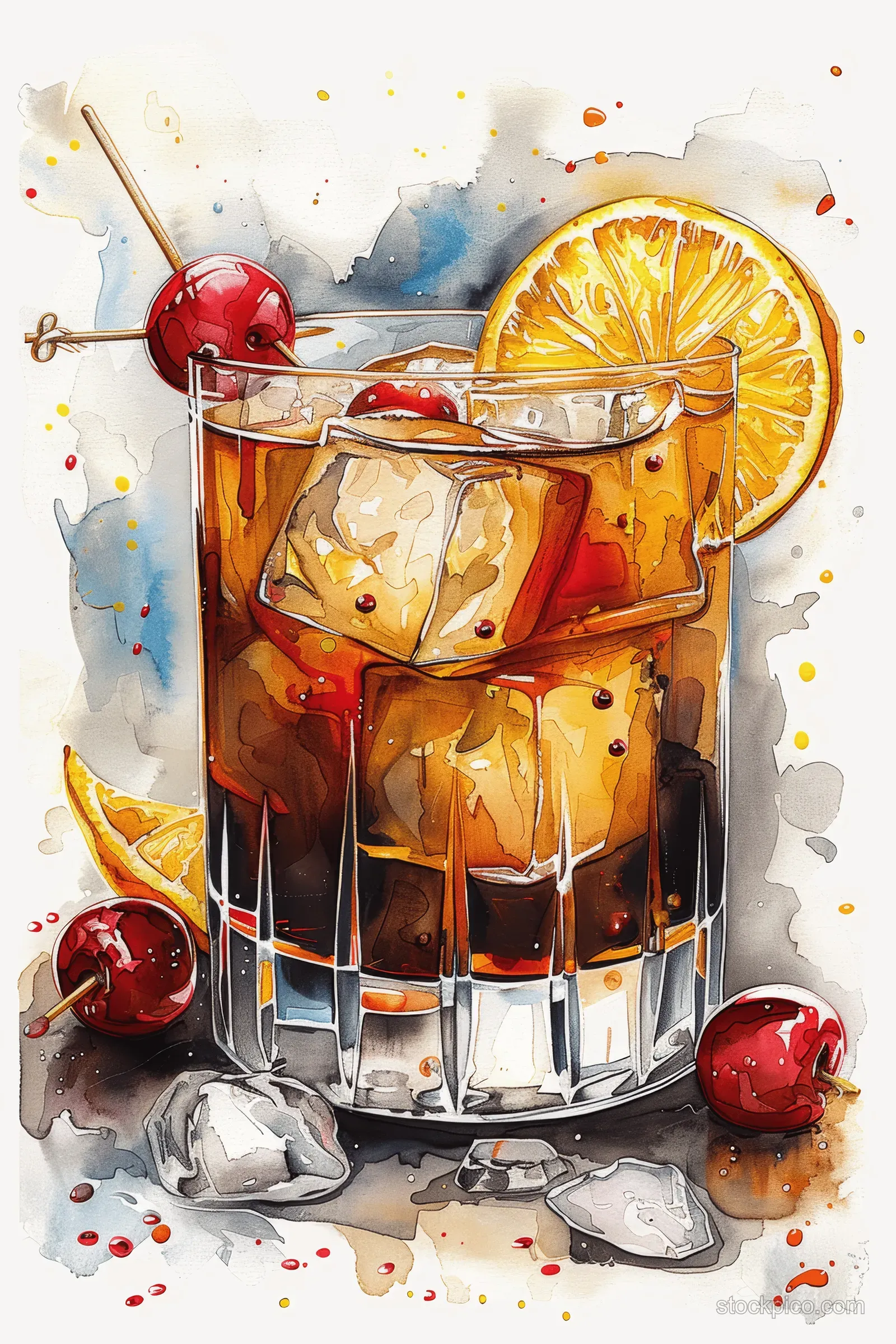 Watercolor old fashioned cocktail in a glass with ice, orange slice, cherries, and splashing paint dots.