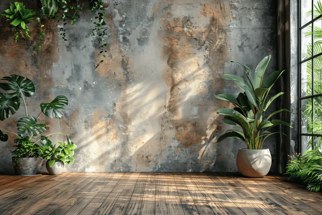 Sunlit concrete interior with potted tropical plants and wooden floor under window light