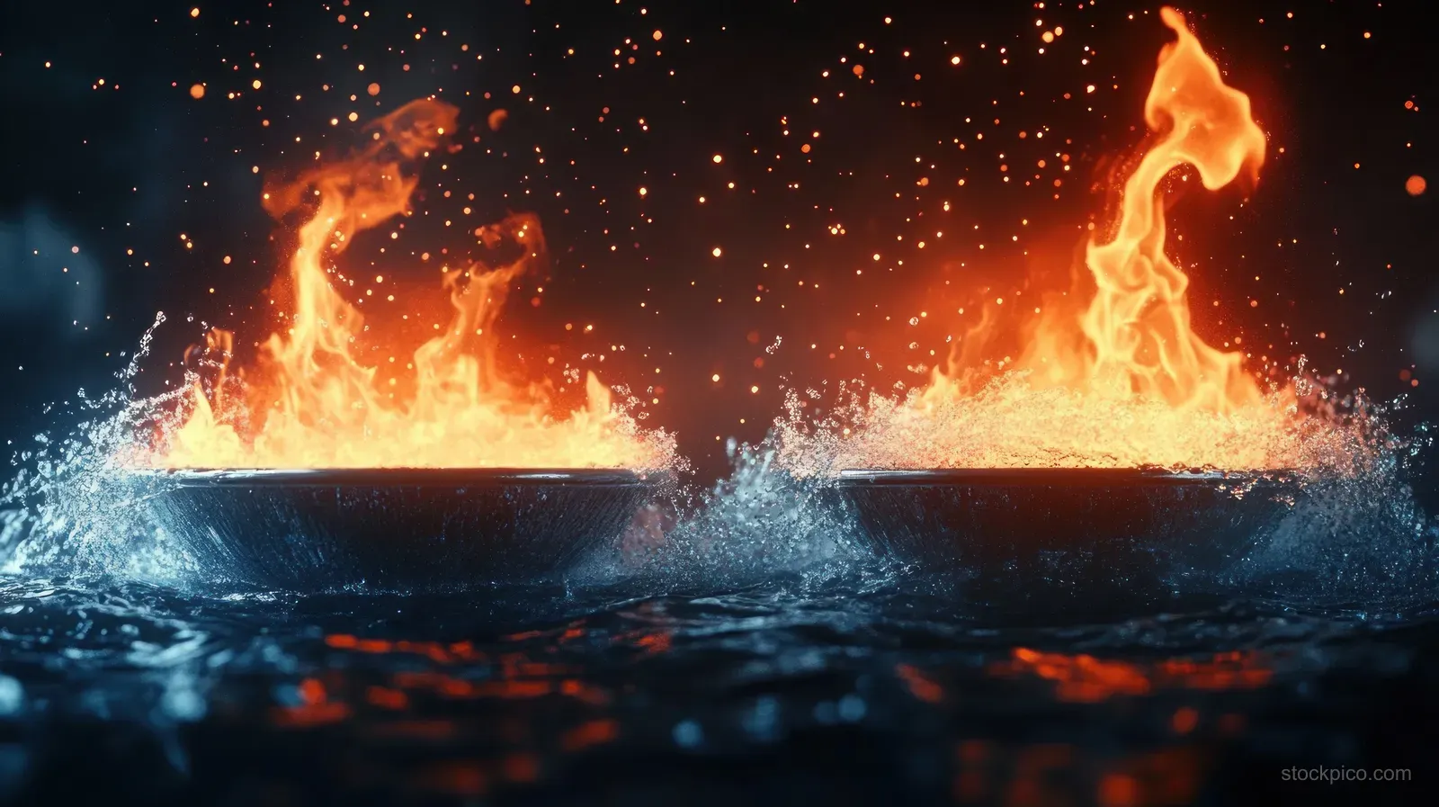Two metal bowls blaze with orange fire while water splashes upward around them in darkness.