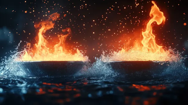 Two metal bowls blaze with orange fire while water splashes upward around them in darkness.