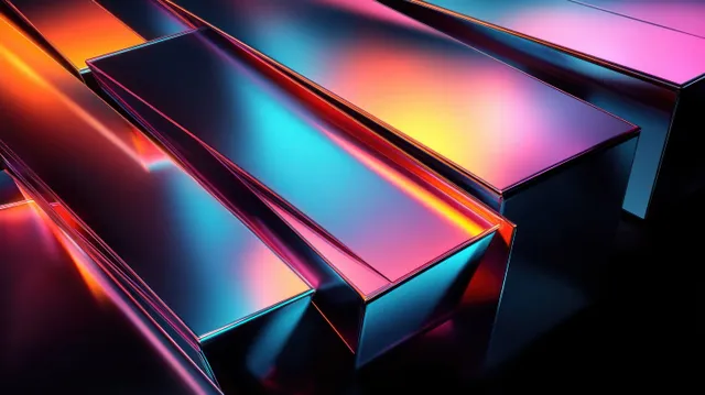 Neon-reflecting metallic rectangular bars angled in a dark abstract scene.