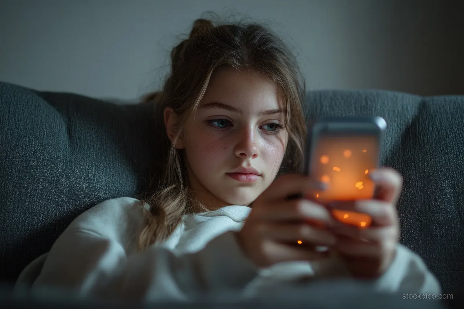 A young girl sits on a couch holding a smartphone, lit by the screen in a dim room.