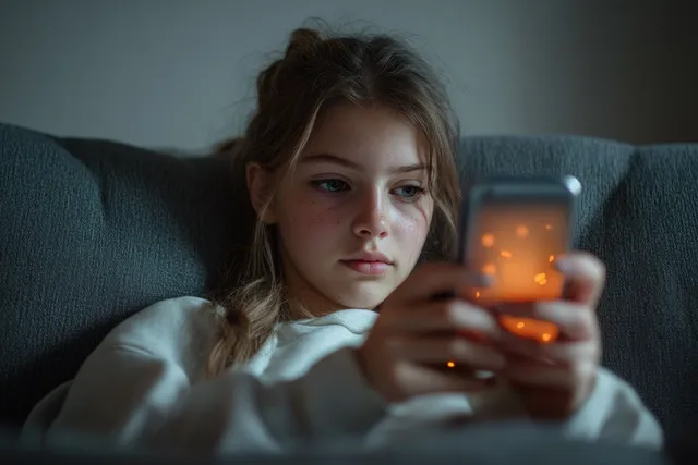 Young girl sitting on couch, studying her smartphone in dim screen-lit room