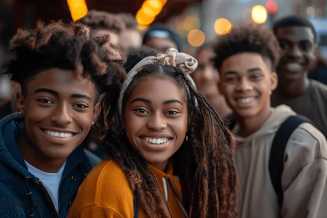 Smiling group of young friends posing outdoors at night with braided hair and warm bokeh lights