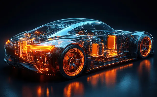 Electric vehicle cutaway with glowing battery and motor components on dark studio backdrop
