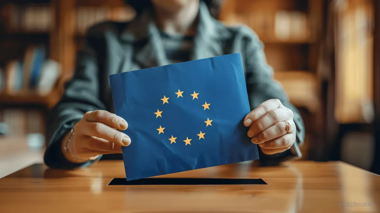 A German woman holds an EU flag ballot while casting her vote at a polling station desk.