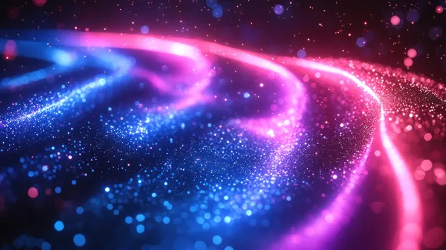 Neon fiber optic cables glowing in cyberpunk blue-purple tunnel with swirling light particles