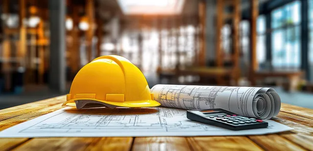 Yellow hard hat on architectural blueprints with rolled plans and a calculator on a wooden table in a bright construction office.