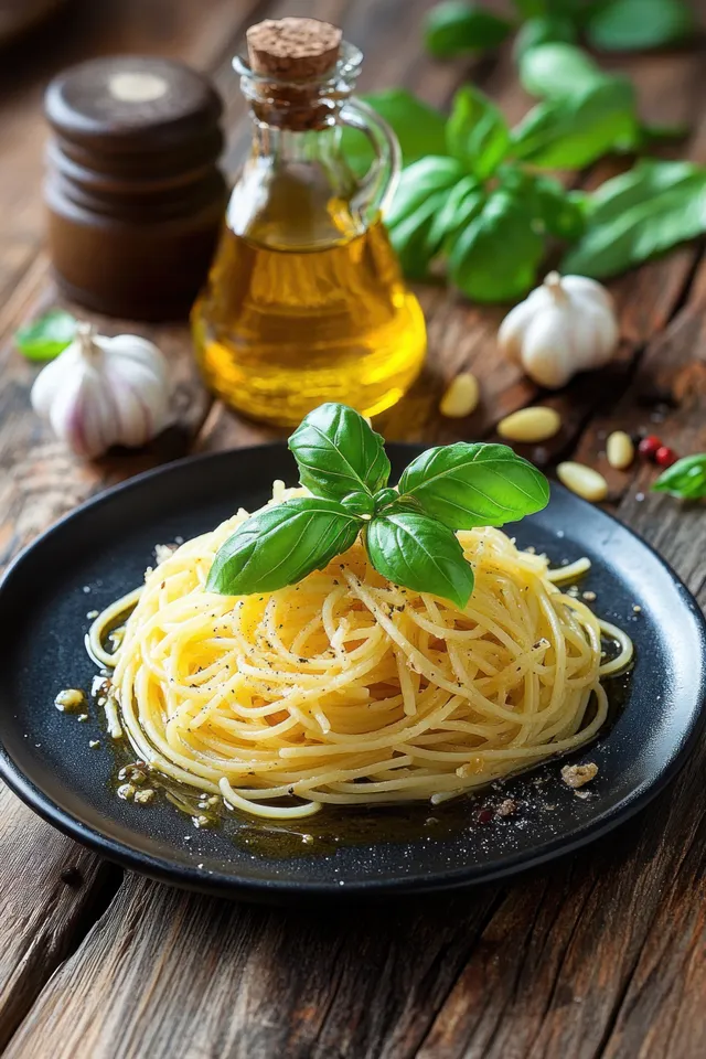 Spaghetti aglio e olio plated on a rustic table with basil, garlic, and olive oil