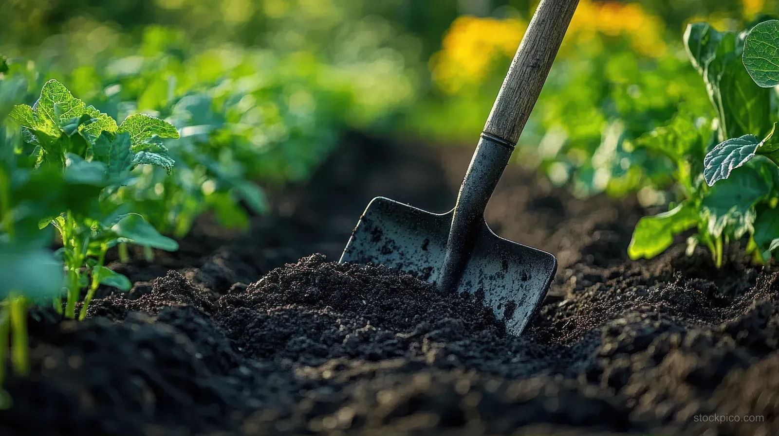 A digging shovel is stuck in rich garden soil beside leafy green plants under sunny daylight.