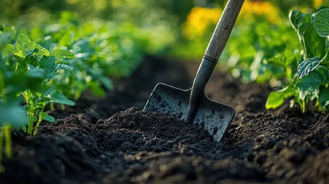 A digging shovel is stuck in rich garden soil beside leafy green plants under sunny daylight.