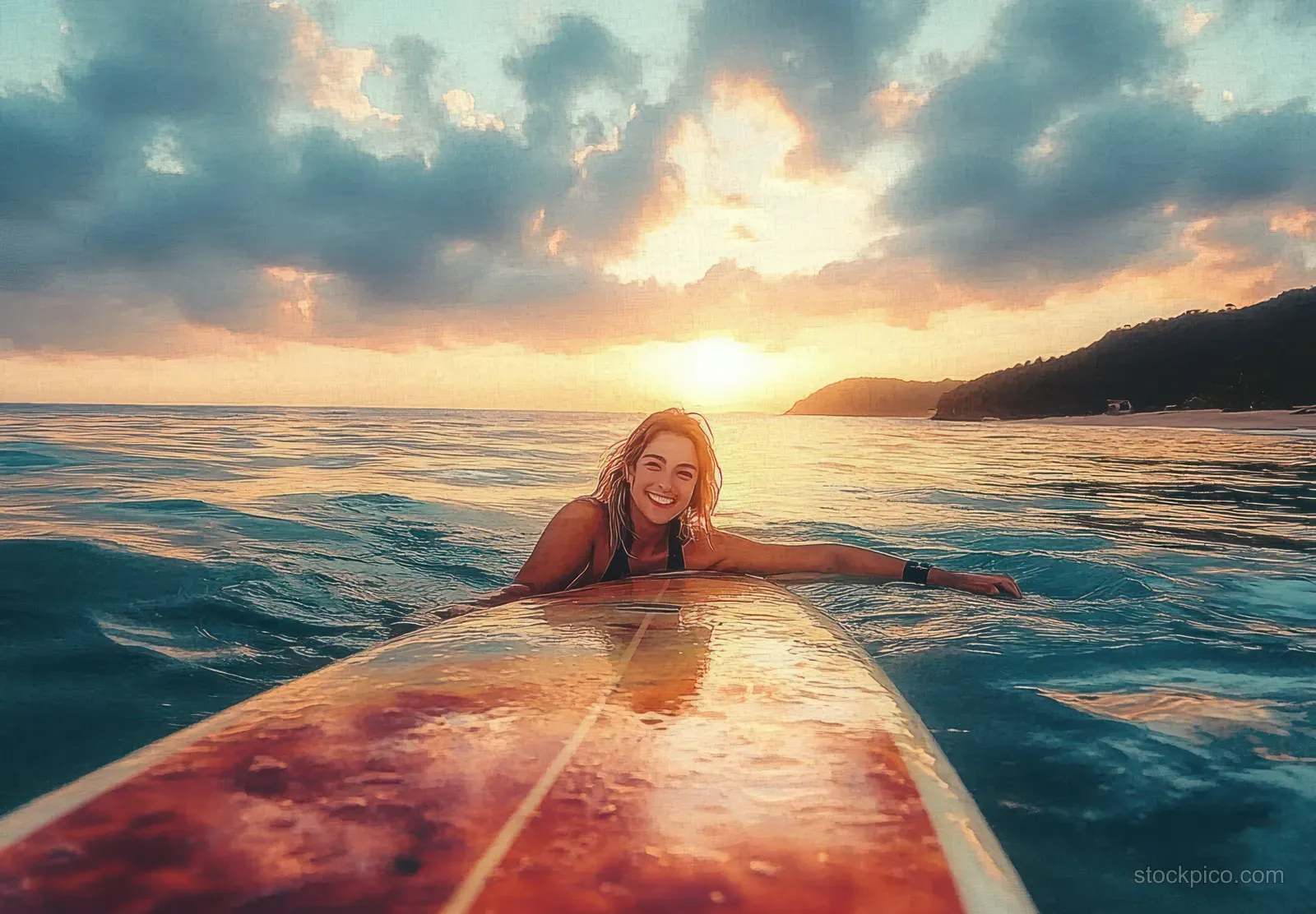 Young woman smiles for a self-portrait while lying on a surfboard at sunset with waves and shoreline behind.