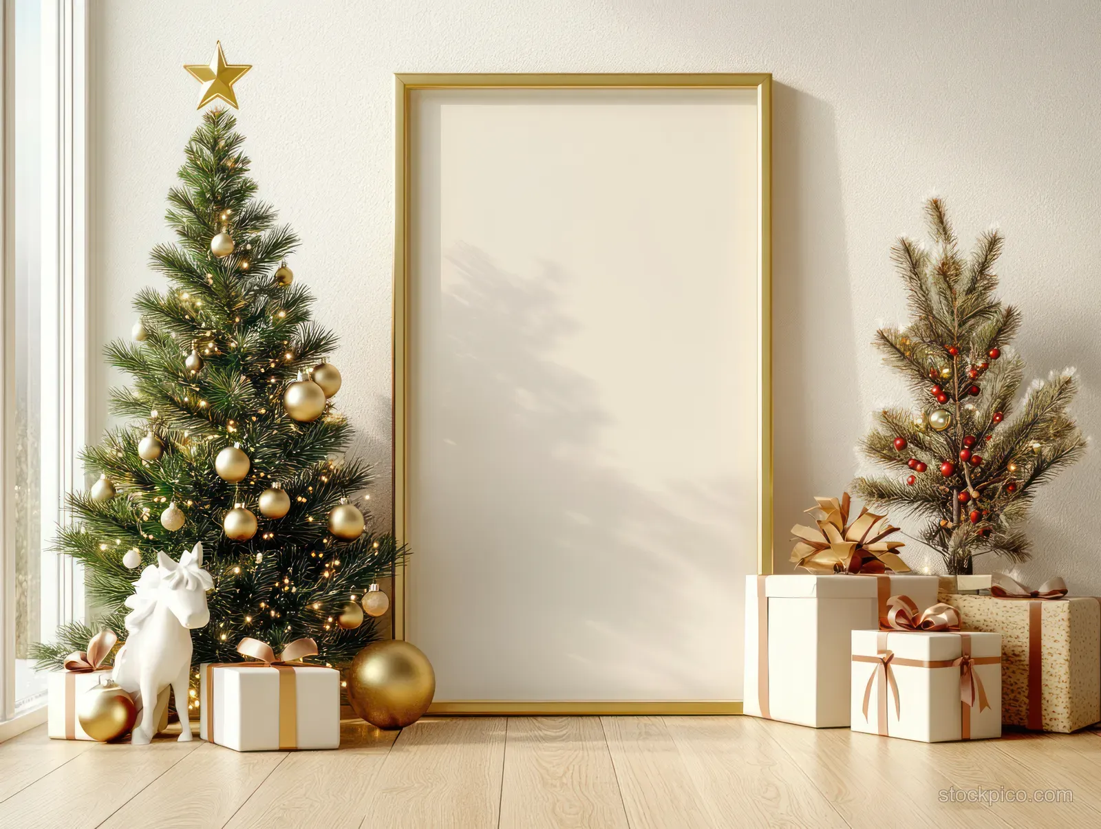 Minimalist Christmas interior with a blank gold picture frame, pine tree decor, and wrapped gift boxes.