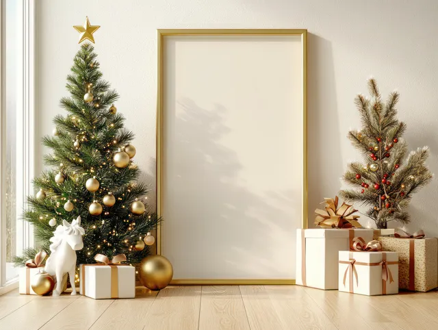Minimalist Christmas interior with a blank gold picture frame, pine tree decor, and wrapped gift boxes.