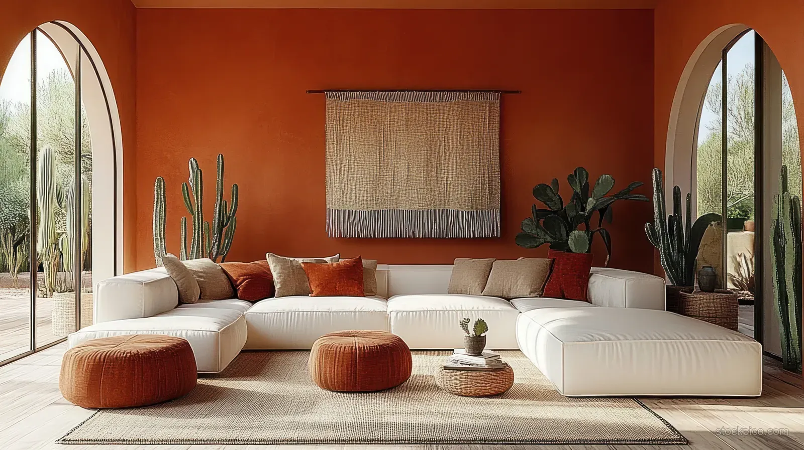 Sunlit living room with a white sectional sofa, terracotta floor poufs, and cactus plants beside arched windows.