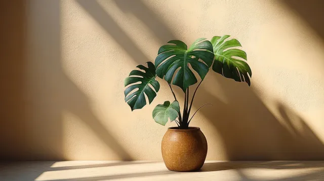Minimalist monstera plant in a terracotta vase casts soft shadows on a warm beige wall, creating a serene home interior.