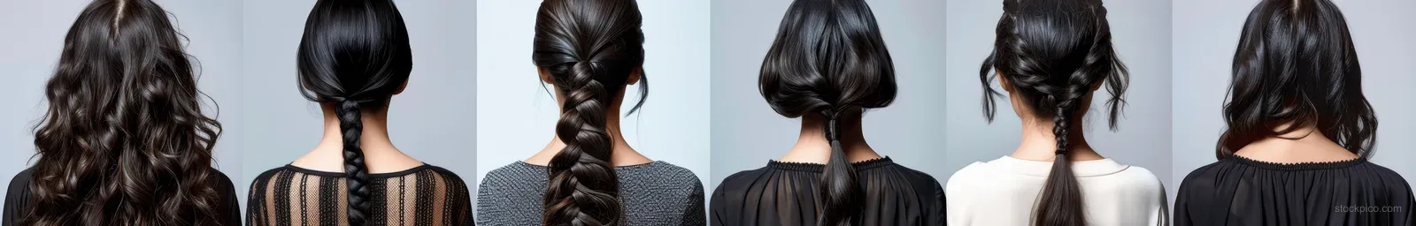 Back view lineup of women modeling curly, straight, braided, bob, and ponytail hairstyles against a light background.