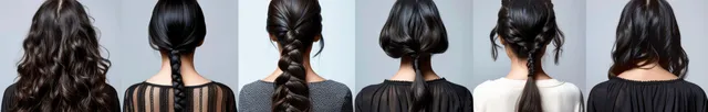 Back view hair styling lineup showing curly straight braided bob and ponytail on white