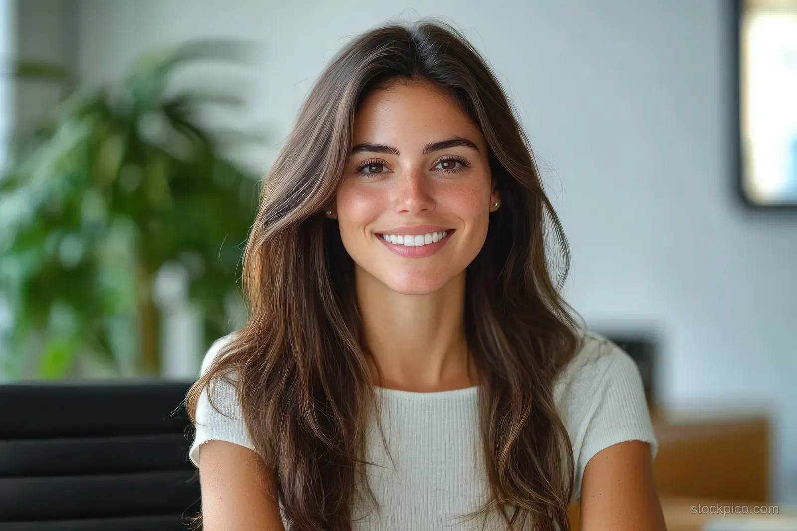 A young woman smiles at the camera indoors, wearing a white top with a blurred green plant behind her.