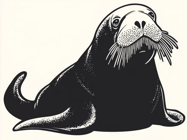 Black and white walrus illustration lying on sand, showing detailed whiskers and flippers.