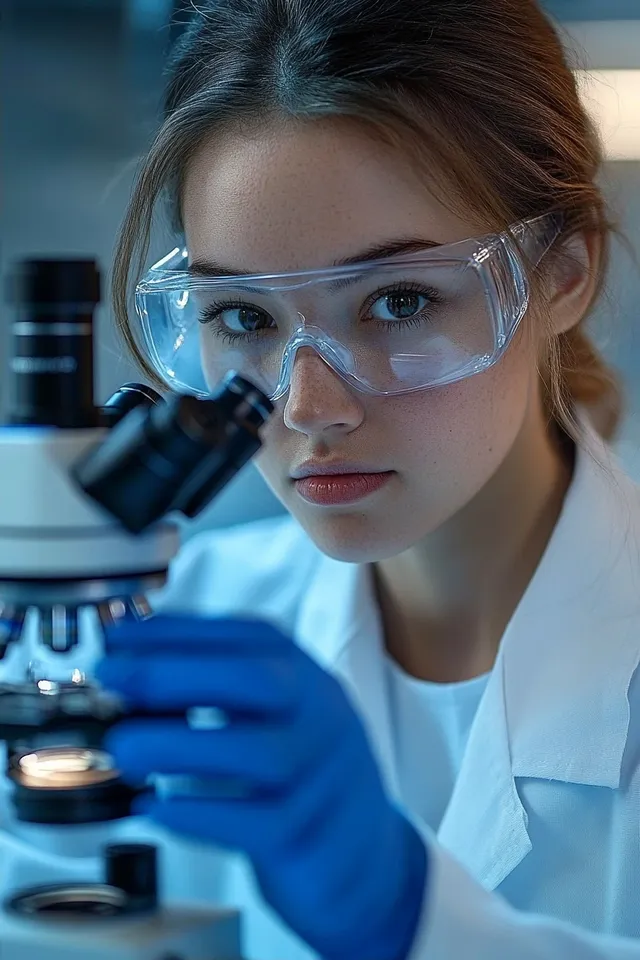 Young female scientist wearing blue gloves adjusts a microscope in a clinical laboratory