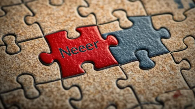 Close-up of beige jigsaw puzzle with red "Neeer" piece fitting beside gray pieces