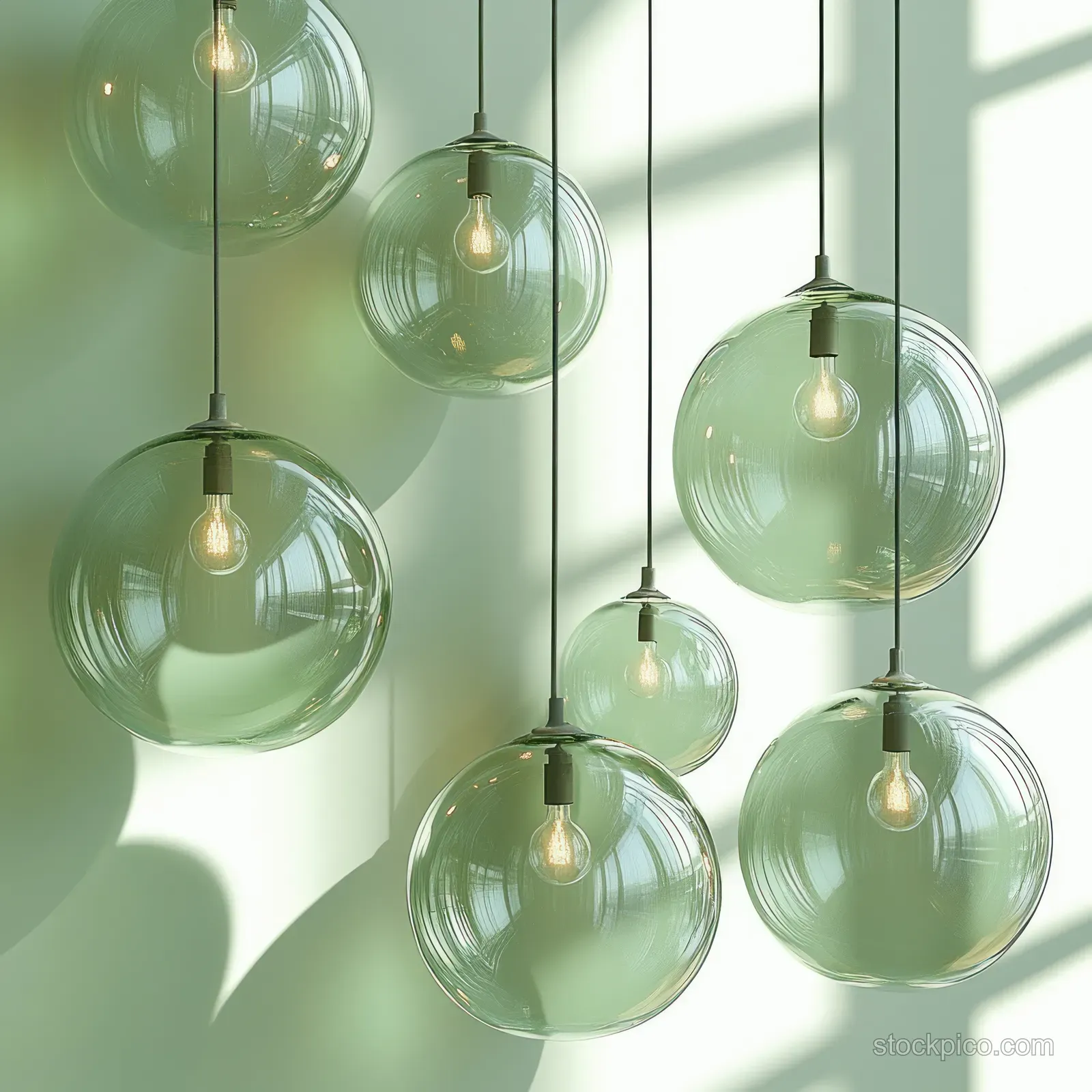 Translucent green bubble-like lights hang on a white grid with soft sunlight reflections.