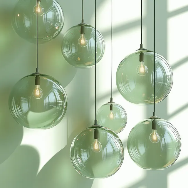 Translucent green bubble-like lights hang on a white grid with soft sunlight reflections.