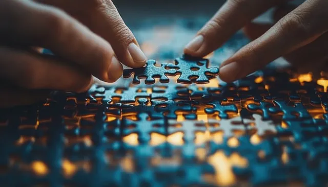Hands fit colorful puzzle pieces on a glowing digital grid, suggesting merger integration and strategic alignment.