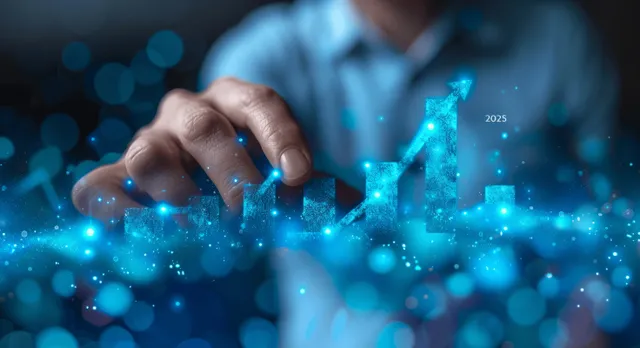 A person touches a glowing upward profit chart on a 2024 finance dashboard backdrop.
