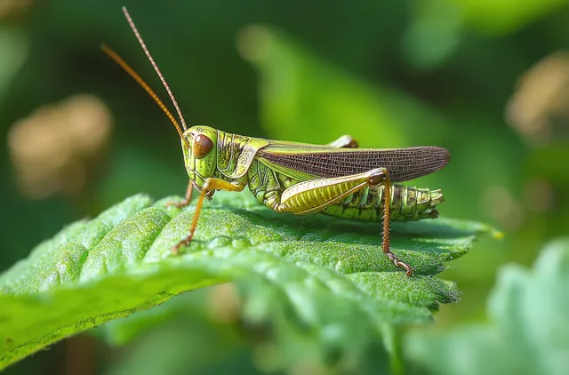 A green grasshopper perched on a bright leaf with visible antennae and legs, surrounded by a blurred green background.