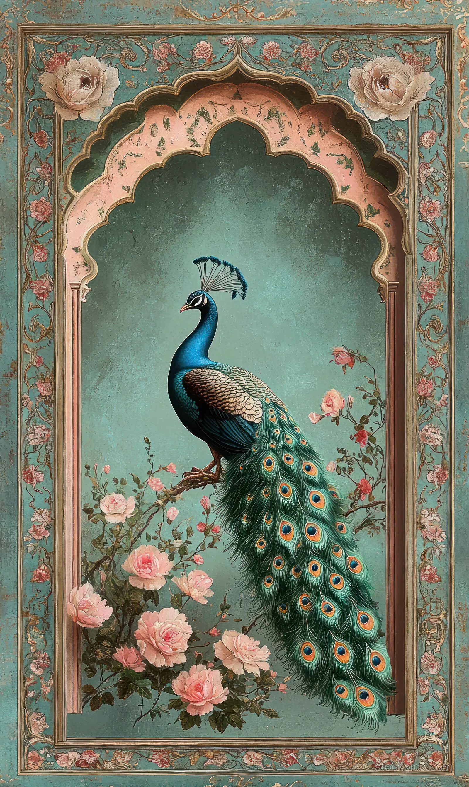 A Mughal arched window illustration frames a blue peacock amid pink flowers and leafy floral vines.