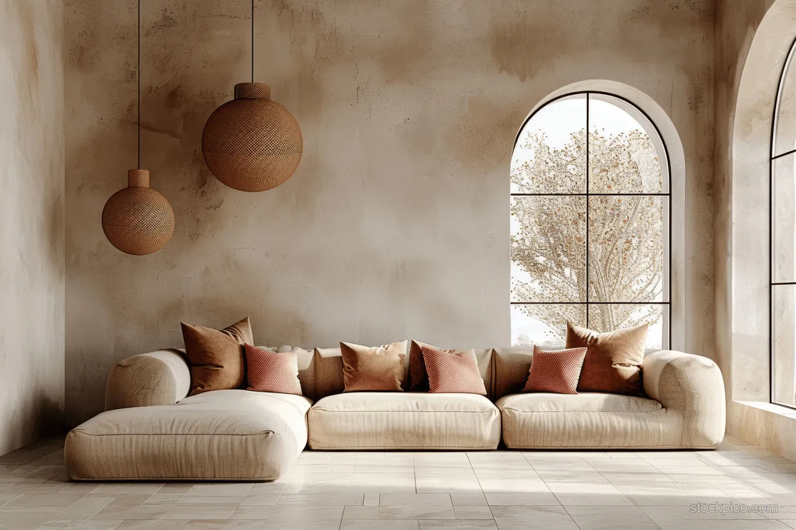 Beige minimalist living room with sofa and pink pillows under pendant lights and daylight from an arched window.